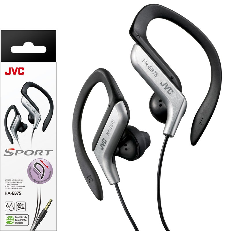 JVC Clip Style Headphone Black and Silver Lightweight and Comfortable Ear Clip Splash Proof Water resistant Powerful Sound with Bass Boost JVC HAEB75S - Image 1